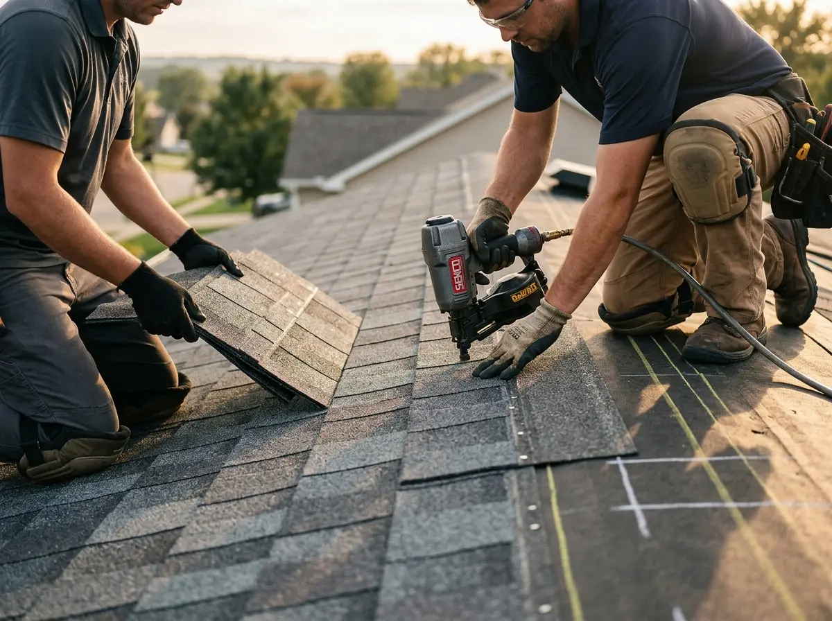 Professional roofer working on a residential roof in Corning